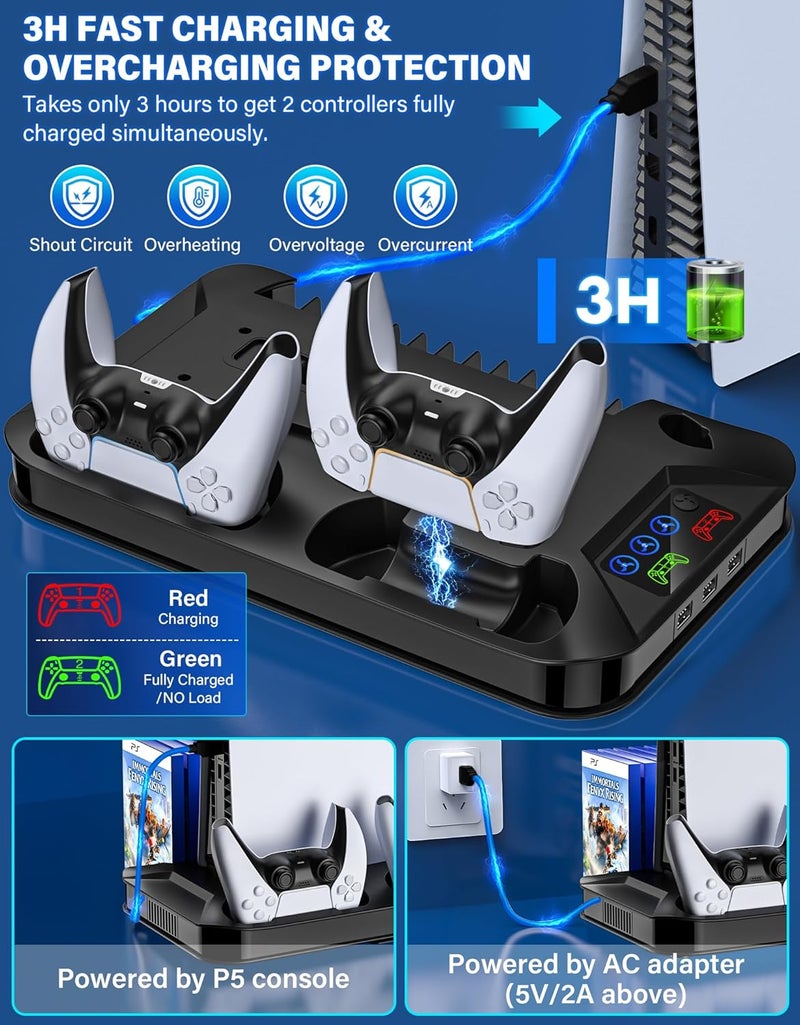 RJAD PS5 / PS5 Slim Cooling Station with Controller Charging Station for PlayStation 5 Console Disc/Digital, Cooling Stand for PlayStation 5 Slim with Cooler Fan Accessories with 3 USB Hubs/Headset Holder - Image 3